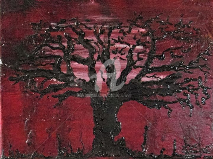 24x18x2 Arbre noir sur fond rouge