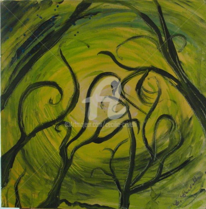 Arbre sous ciel vert 40x40