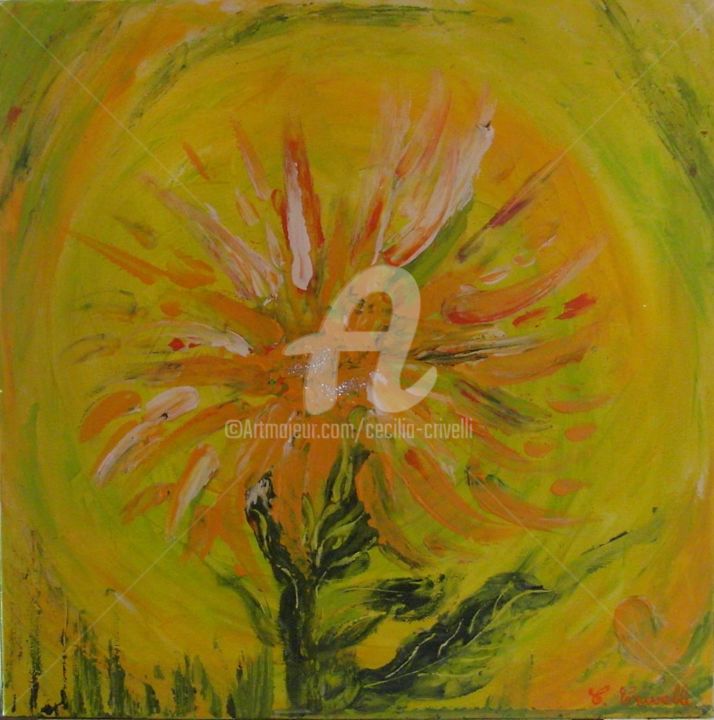 40x40x2 Fleur jaune sur fond vert